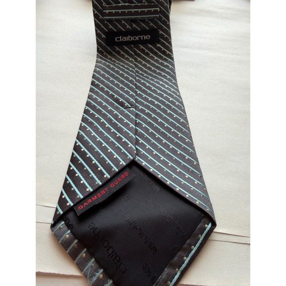 Claiborne Men's Necktie Silk Black Teal Gold Striped Polka Dot Handmade - Picture 4 of 4